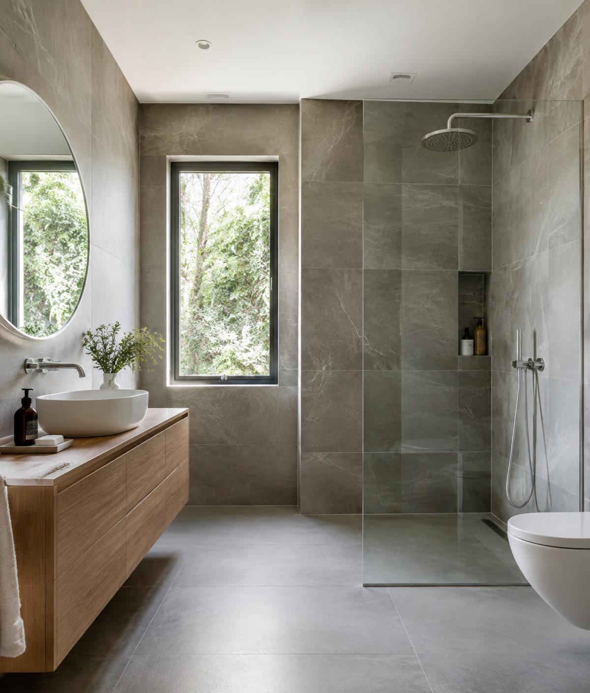 Bagno moderno ristrutturato con rivestimenti grigi